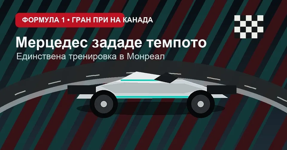 Оригинална илюстрация: болид от Формула 1 на писта за материал за Гран при на Канада и представянето на Мерцедес в тренировката