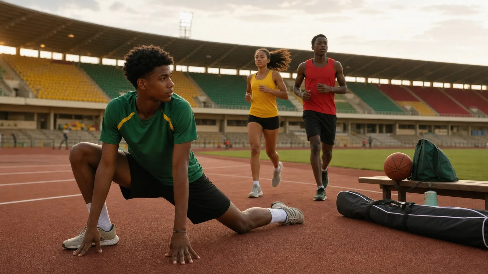 Млади спортисти тренират на стадион — редакционна илюстрация за Младежките олимпийски игри в Дакар