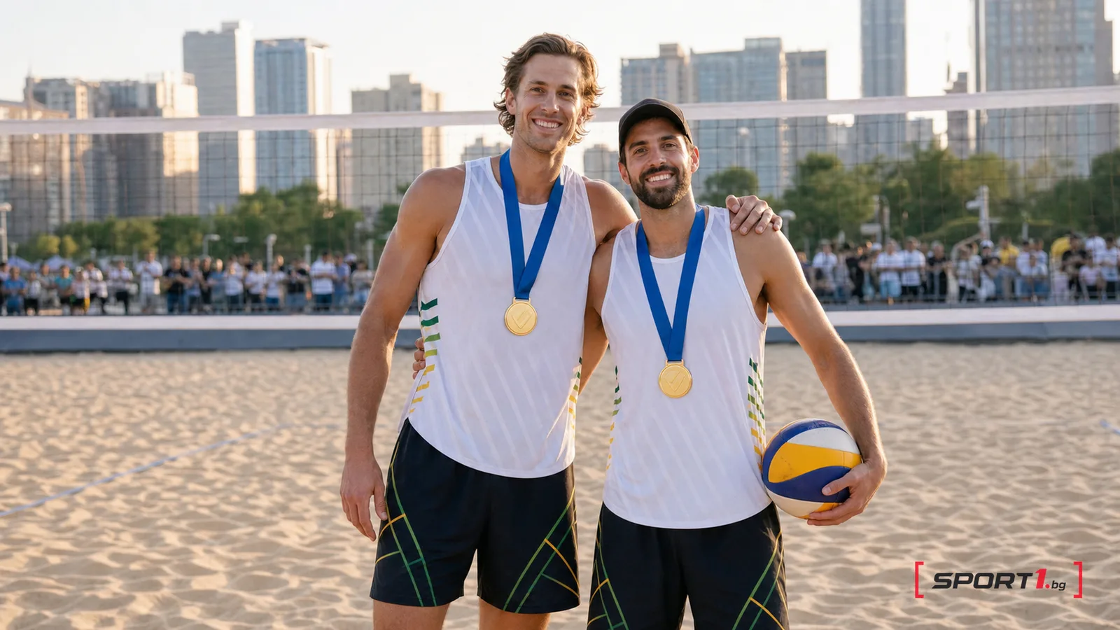 Марк Николаидис и Айзак Карачър празнуват първата си титла от Beach Pro Tour Challenge в Шанлуо — редакционна илюстрация