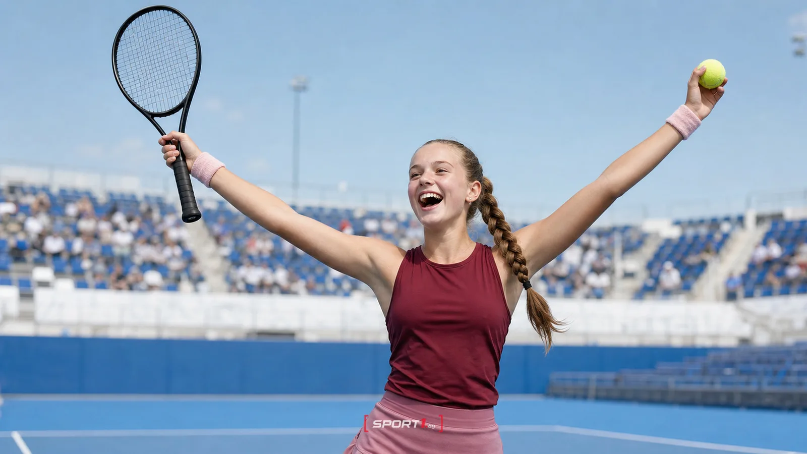 Кристина Лютова празнува титлата от WTA 250 в Мемфис — редакционен AI колаж