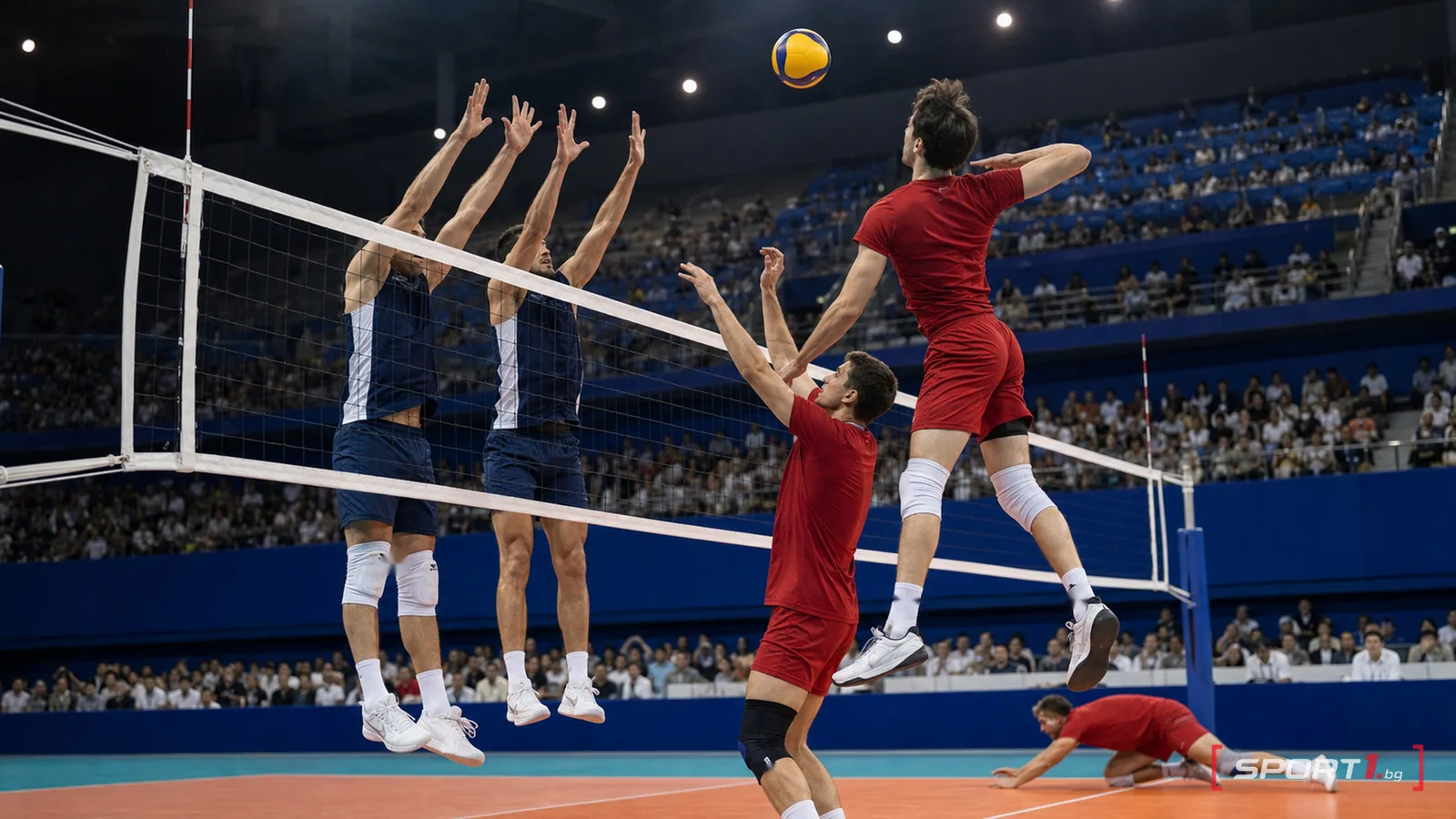 САЩ срещу Япония в петсетовия полуфинал на VNL 2026 — редакционен AI колаж