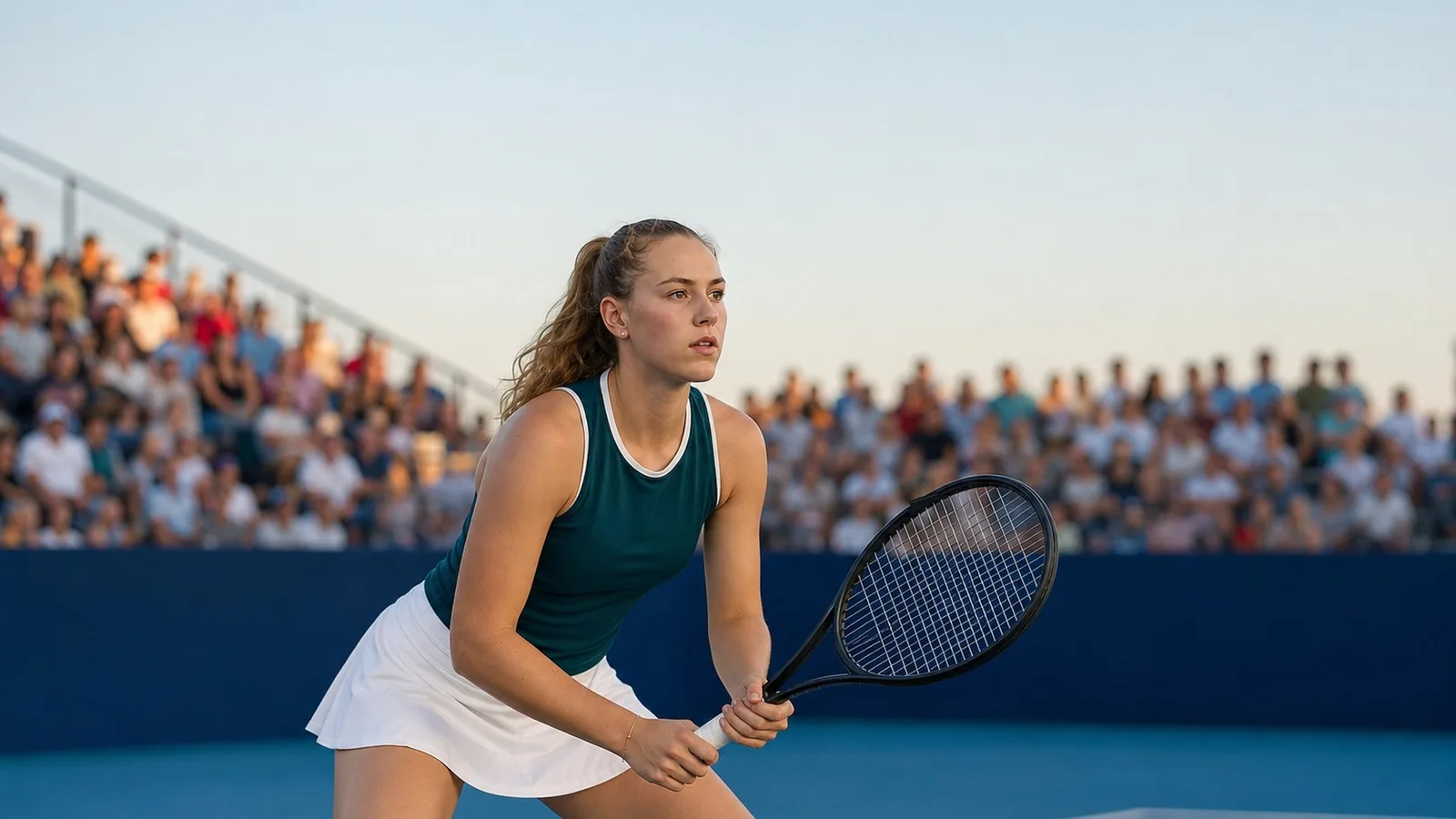 Линда Носкова на тенис корта — редакционна AI илюстрация за WTA 500 в Монтерей