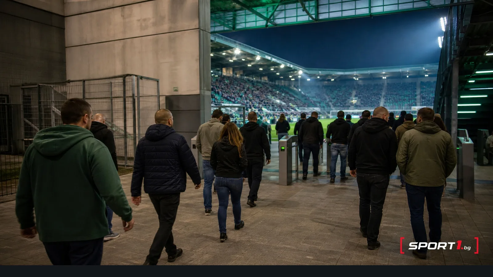 Фенове влизат на футболен стадион преди мач — редакционен AI колаж за Лудогорец срещу Ботев (Враца)