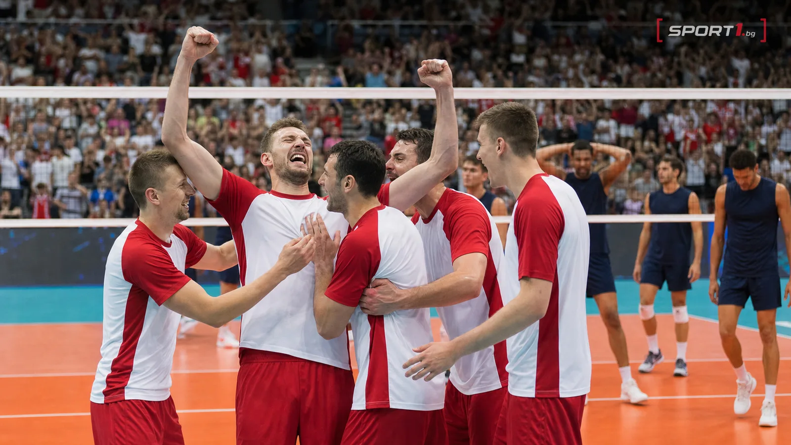 Полша празнува титлата във VNL 2026 след петсетовия финал със САЩ — редакционен AI колаж