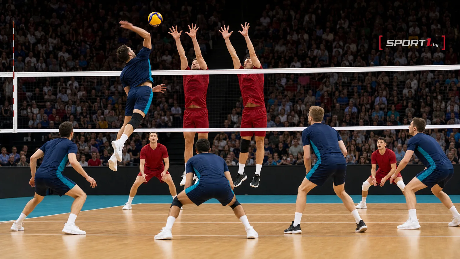 Словения срещу Турция в четвъртфинала на VNL 2026 — редакционен AI колаж