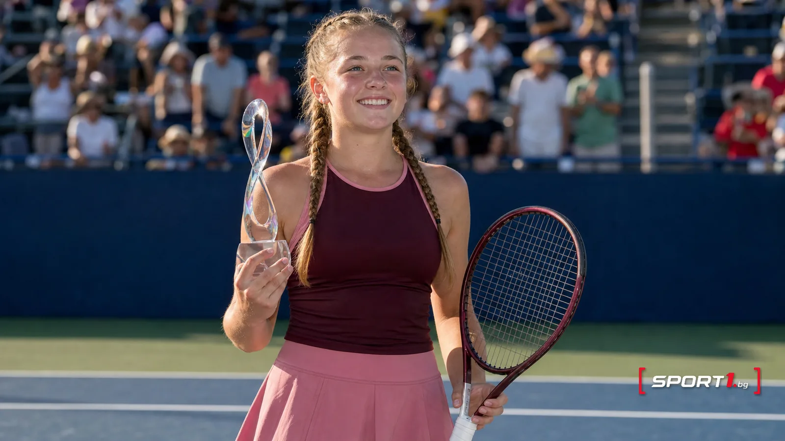 Кристина Лиутова с трофея след първата си титла в WTA в Мемфис — редакционен AI колаж