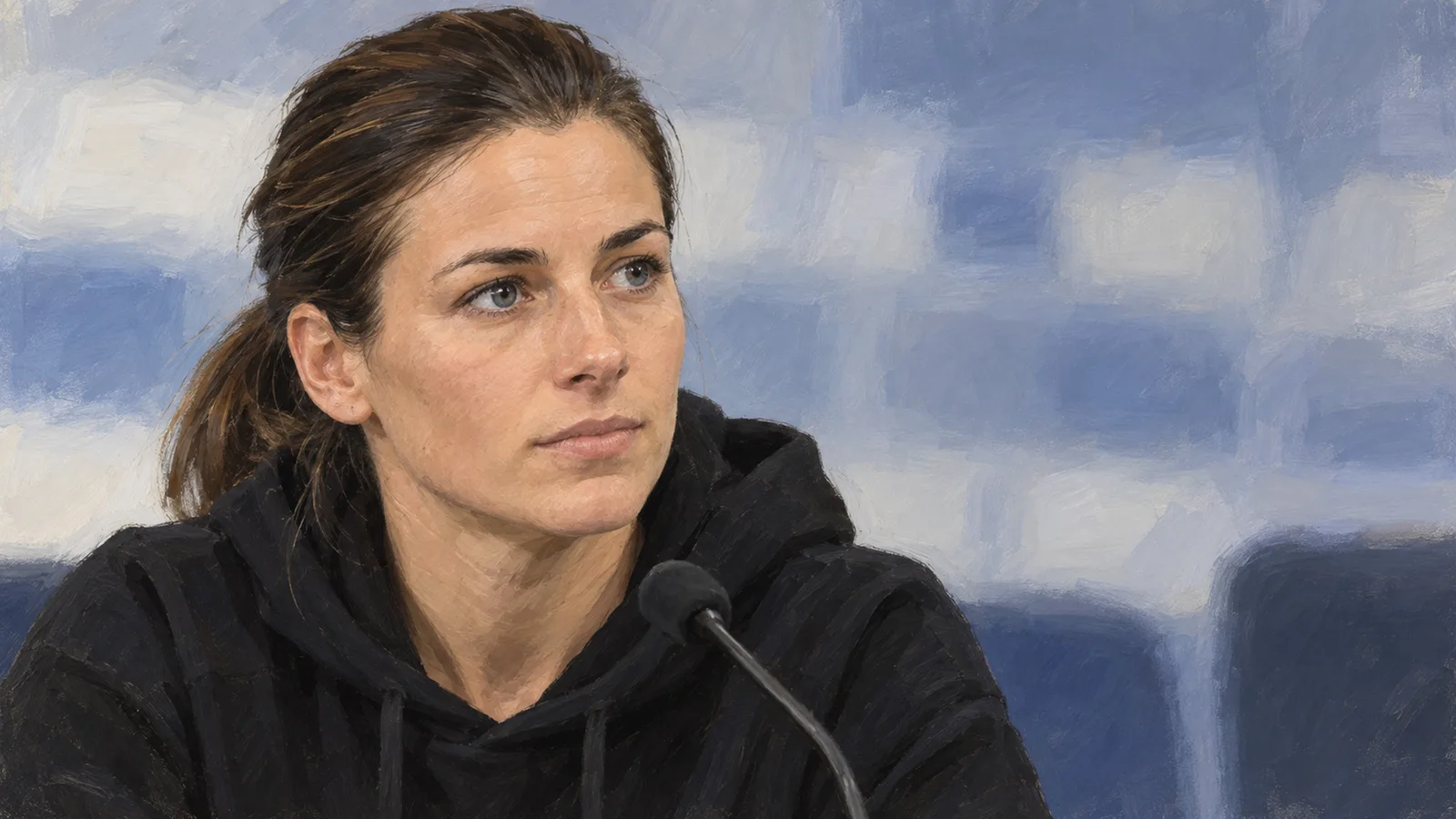Сабрина Витман на футболна пресконференция — редакционна илюстрация, не документална снимка