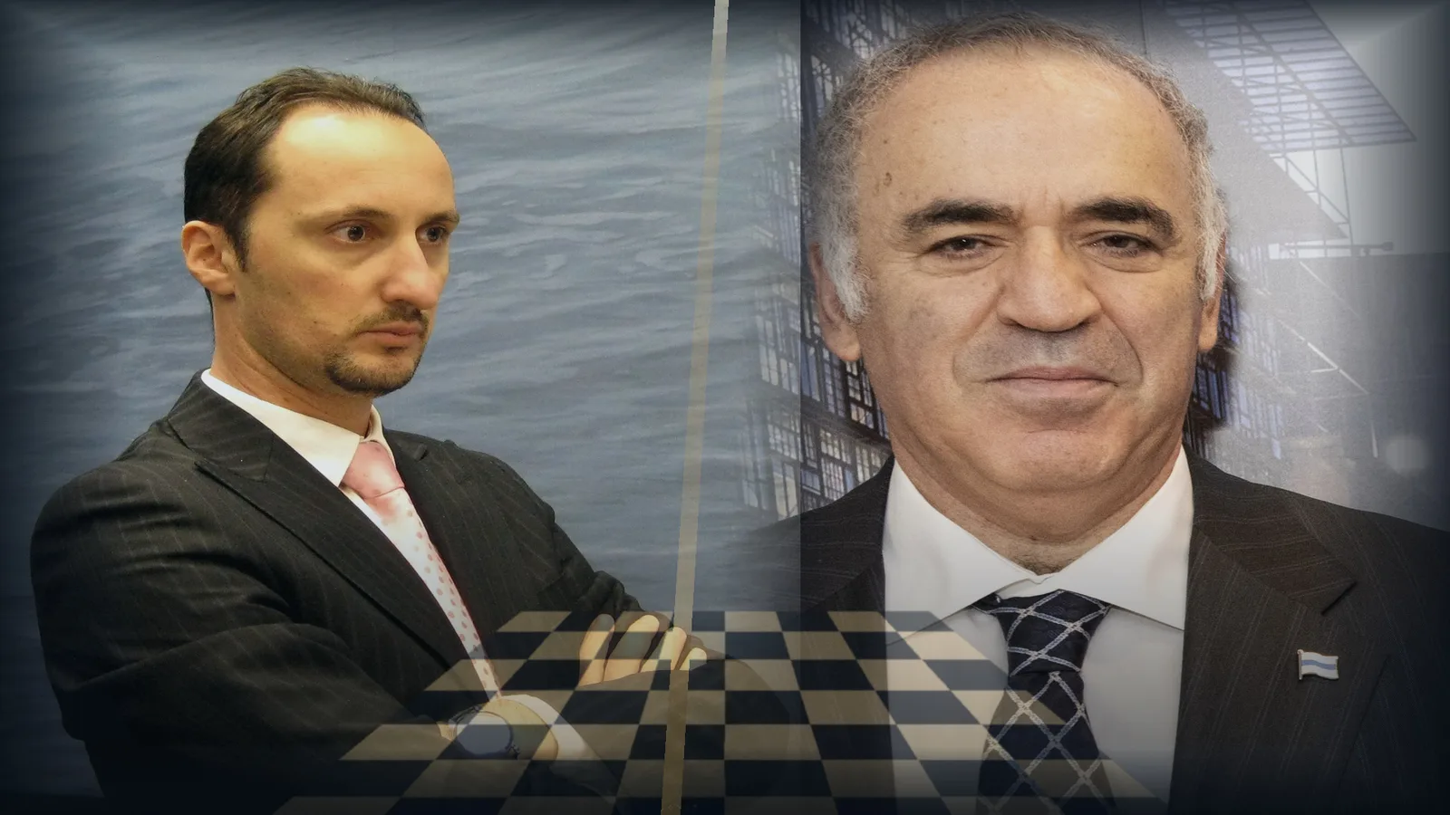Веселин Топалов и Гари Каспаров в редакционен шахматен колаж — архивни кадри