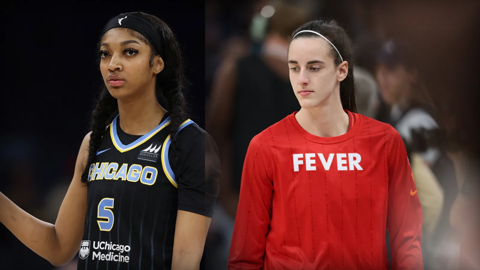 Ейнджъл Рийс и Кейтлин Кларк по време на мачове в WNBA — архивен фотомонтаж