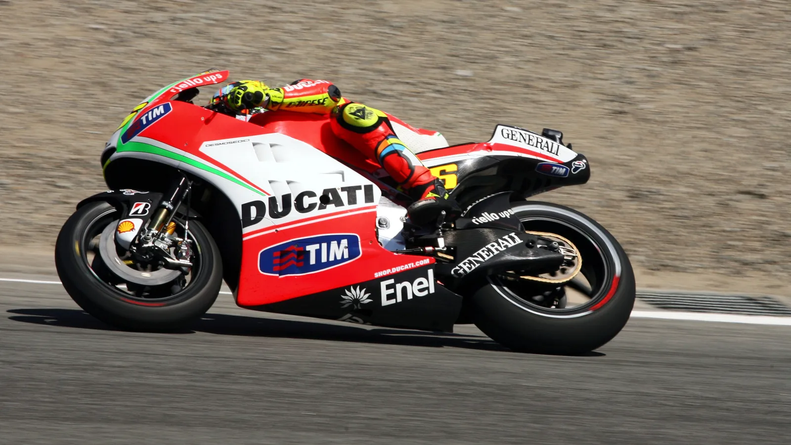 Валентино Роси на Ducati Desmosedici GP12 по време на Гран при на САЩ през 2012 г. — архивна снимка, не продаваният прототип VR2