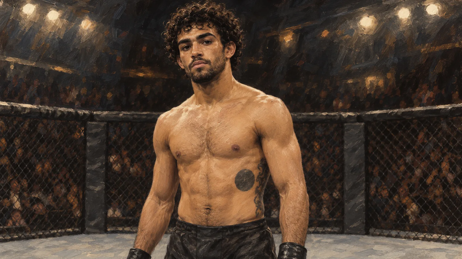 Редакционна рисувана илюстрация на Пейтън Талбът в ММА клетка след UFC 332; не е документална снимка от двубоя с Дейвисон Фигейредо