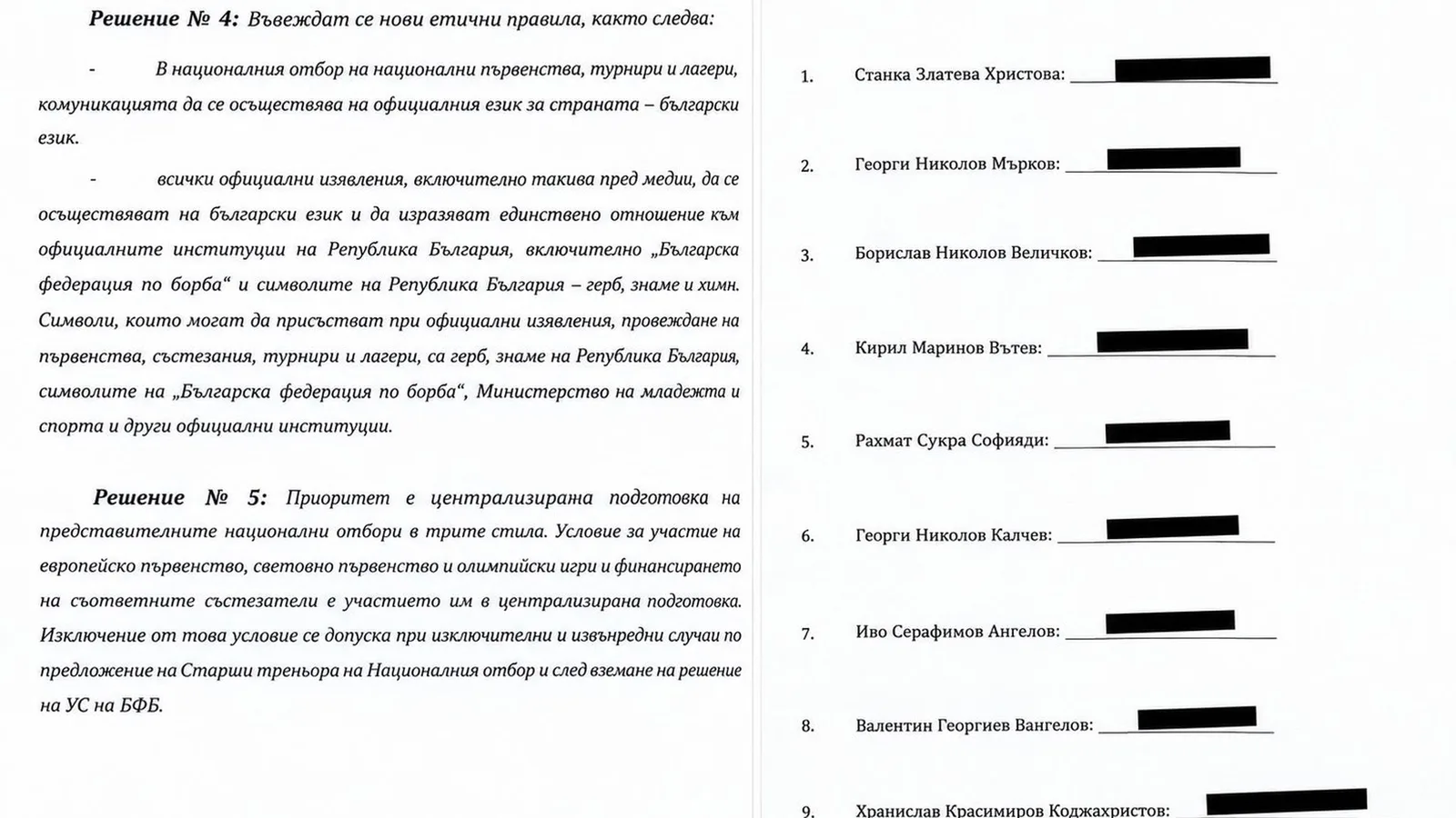 Извадка от документа, публикуван от БФ Борба, с решенията на УС и имената на Рахмат Сукра, Георги Калчев и Иво Ангелов; подписите са заличени в оригинала. Изрязано до 16:9.